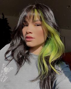 Streaks Of Color In Hair Brown, Pop Of Hair Color Ideas, Panel Dyed Hair, Dark Hair Color Blocking, Green Face Framing Highlights, Vivid Hair Color Streaks, Purple And Green Money Piece Hair, Black Hair With Neon Highlights, Hair Color Panels