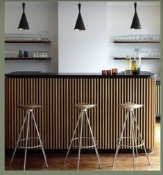 three bar stools sit in front of an island