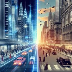 two pictures side by side with cars and people on the street in front of tall buildings