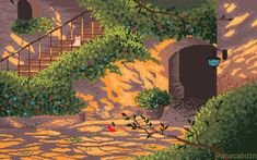 the pixel art work shows an entrance to a cave with stairs and flowers on it