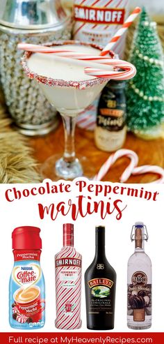 chocolate peppermint martinis with candy canes in the background