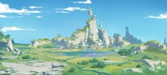 an anime landscape with mountains and trees in the background