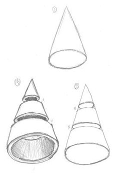 three cones are shown in this drawing, and one cone is drawn on the other