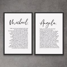 two black and white prints with the words michael and angella on them, against a gray background