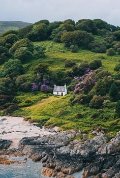 a house on the side of a hill with trees and bushes around it, surrounded by water