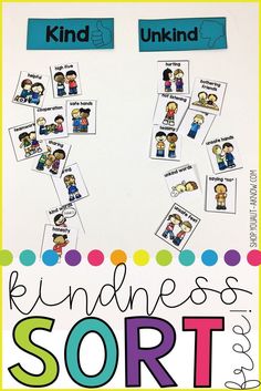 a white board with some sort of pictures on it and the words kind of kindness sort