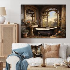 a living room with a couch, coffee table and painting on the wall above it