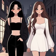 two women in black and white outfits are walking down the street at night, one is wearing high heels