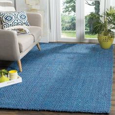 a blue rug in a living room next to a couch and chair with potted plants