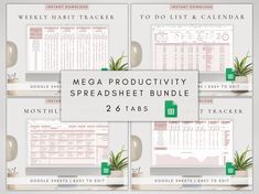 the mega productivity spreadsheet bundle is shown in four different sizes and colors