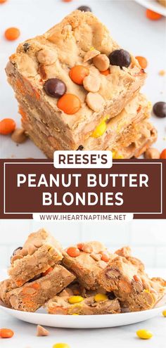 reese's peanut butter blondies are stacked on top of each other with candy