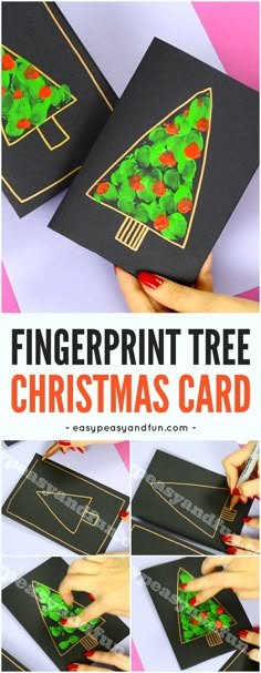 fingerprint christmas tree card is being made with black paper and gold trimmings