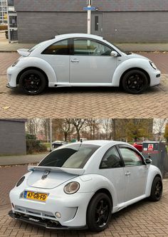 two different views of a white car parked in front of a building