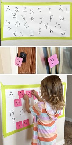 a collage of photos showing how to make a magnetic letter board for toddlers