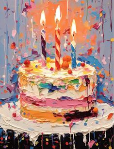 a painting of a birthday cake with lit candles on it and confetti sprinkles