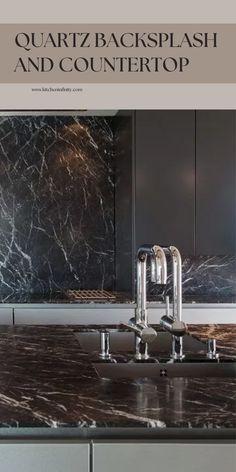 an image of a kitchen counter top that is made out of marble with the words quartz backsplash and countertop above it