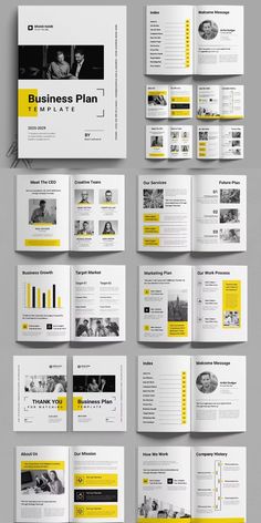 a bunch of yellow and white brochures on top of each other with the words business