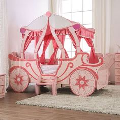 In the comfort of fantasy, your little princess will ride off into slumberland with this delightful pink carriage design. With a high-gloss lacquer surface, ruffled cloth trim, and whimsical accents, this unique novelty canopy bed will inspire the imagination of any child.Carriage DesignPainted EdgesHigh Gloss SurfaceSlats IncludedPRODUCT DIMENSIONCarriage Bed 90 1/2"L X 56"W X 67"HNight Stand 19"L X 19 1/2"W X 19 3/4"HDesk 24"L X 47 1/2"W X 62"H Princess Carriage Bed, Pink Twin Bed, Princess Background, Carriage Bed, Twin Car Bed, Twin Canopy Bed, Twin Car, Fairytale Bedroom, Kids Canopy