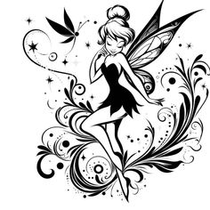 a black and white drawing of a fairy