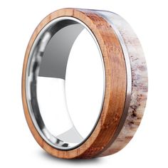 the men's wedding band is made from wood and silver