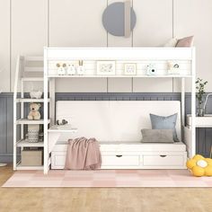 a white bunk bed sitting in the middle of a living room next to a wooden floor