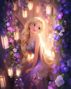 a beautiful blonde haired girl in a purple dress surrounded by flowers