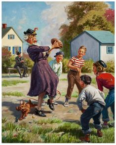 a painting of children playing baseball with an older man and woman in the back ground