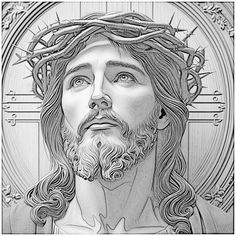 the face of jesus with long hair and crown of leaves on his head is depicted in this black and white drawing