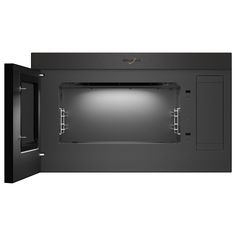 an empty black microwave with its door open