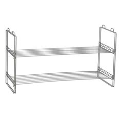 two tiered shelfs with metal handles on each side