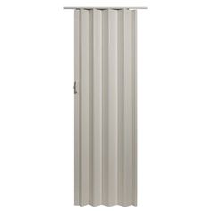 an open sliding door with vertical blinds on the top and bottom panel, in white