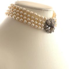 Stunning pearl with floral diamond design choker. Approximately 7.80 carats of color and colorless diamonds. White diamonds approximately G/H color and VS2/SI1 clarity. 18-karat white gold, 12in. *Undetermined whether or not the color diamonds are treated or not  Accommodated with an up-to-date digital appraisal by a GIA G.G. once purchased, upon request. Please contact us with any questions. Pearls Choker, Metal Choker, Chunky Pearls, Contemporary Necklace, Silver Choker Necklace, Crystal Choker Necklace, Neck Choker, Colorless Diamond, Pearl Choker Necklace