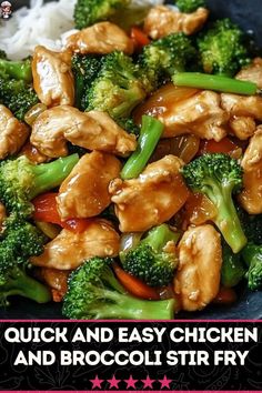 chicken and broccoli stir fry with rice in a black bowl on a pink background