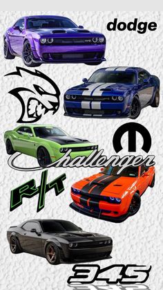 four different colored cars with the words dodge on each car's front and side