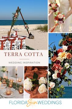 grid of photos showing various wedding elements in terra cotta hues. Main image shows a triangle wedding arch ceremony set up on a beach. "Terra Cotta Wedding Inspiration" Terra Cotta Wedding, Autumn Wedding Flowers, Beach Wedding Planning, Oceanside Wedding, Wedding Ready, Best Wedding Ideas, 2025 Wedding, Board Wedding, Fall Wedding Flowers