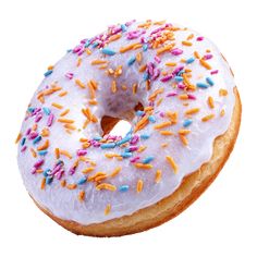 a white frosted donut with sprinkles on it