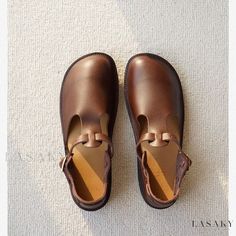 Lasaky - Vintage Leather Mary Jane Shoes with Aurora Strap - Retro Leather Shoes Brown Round Toe Flats, Brown Flat Heel Leather Shoes With Buckle Closure, Brown Low Heel Leather Shoes Casual, Brown Casual Leather Shoes With Low Heel, Casual Brown Leather Shoes With Low Heel, Brown Leather Slip-on Shoes With Buckle, Brown Flats With Rubber Sole And Round Toe, Brown Leather Shoes With Buckle Closure, Brown Leather Closed Toe Shoes With Buckle Closure