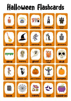 an orange halloween flashcard with words and pictures on it, all in different colors