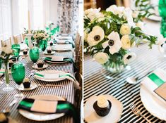 the table is set with green and white plates