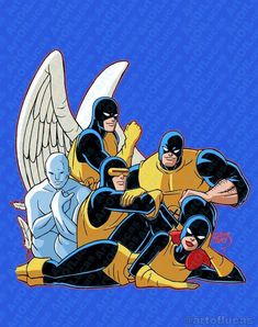 the x - men are sitting on top of each other in front of an angel