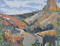 a mosaic is shown with animals and trees in the foreground, on top of a mountain