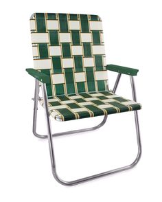 a green and white checkerboard lawn chair with metal frame, on a white background