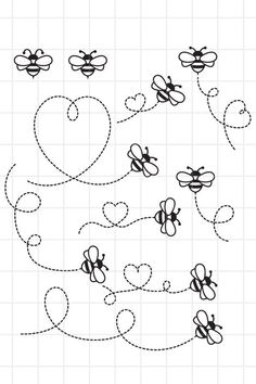 bees flying in the air with hearts and lines on their backs, as if they were drawn