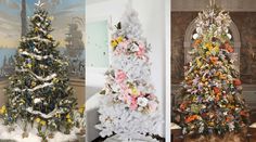 there are two different types of christmas trees in this room, one is decorated with flowers and the other has snow on it