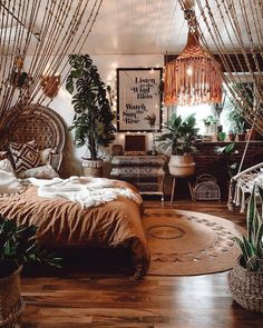 a bedroom with lots of plants in it