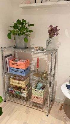 a shelf filled with lots of books next to a potted plant on top of a table