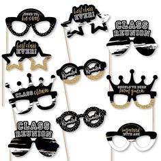 black and gold party photo booth props with glasses on top, one for the class reunion