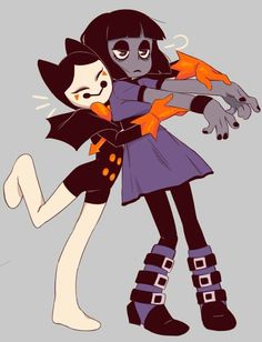 two cartoon characters hugging each other with their arms around one another, both wearing black and orange