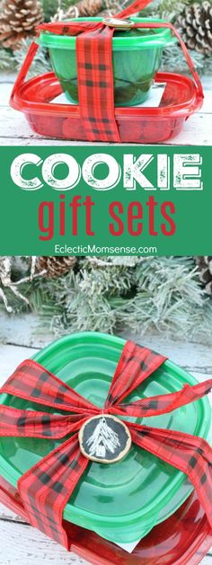 christmas cookie gift set with red and green plaid ribbon on the side, sitting next to pine cones