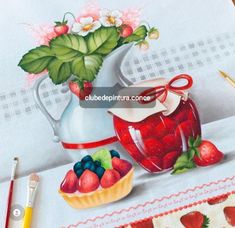 a painting of strawberries in a bowl next to a vase with flowers and berries